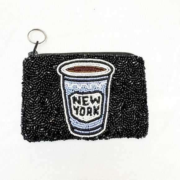 Tiana NY Style Coffee Cup Coin Purse Beaded Black Wristlet Bag - Picture 1 of 4